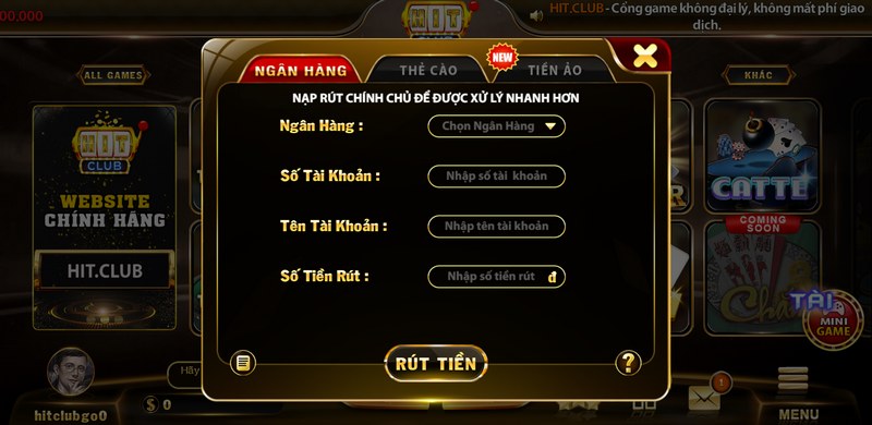 Thực hiện rút tiền tại hitclub qua ngân hàng trực tuyến